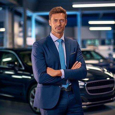 Confident handsome man automotive sales manager at work on blured background