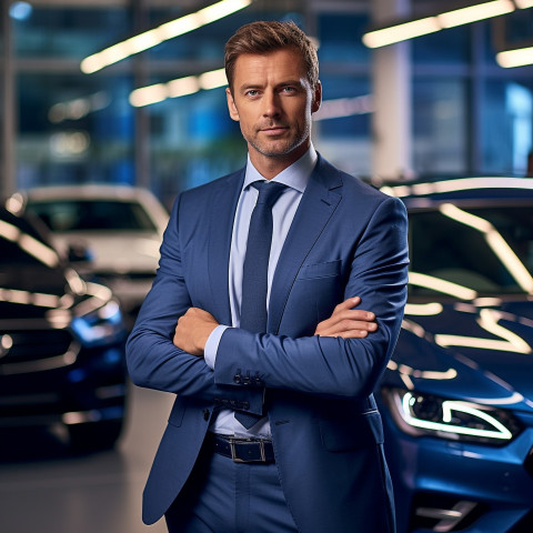 Confident handsome man automotive sales manager at work on blured background