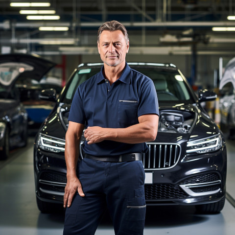 Confident handsome man automotive fleet manager at work on blured background