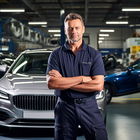 Confident handsome man automotive fleet manager at work on blured background