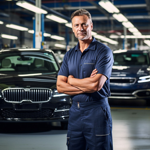 Confident handsome man automotive fleet manager at work on blured background