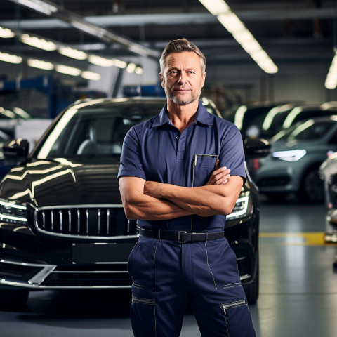 Confident handsome man automotive fleet manager at work on blured background