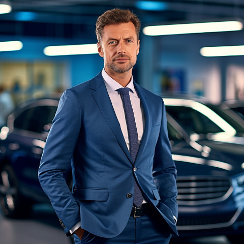 Confident handsome man automotive sales manager at work on blured background