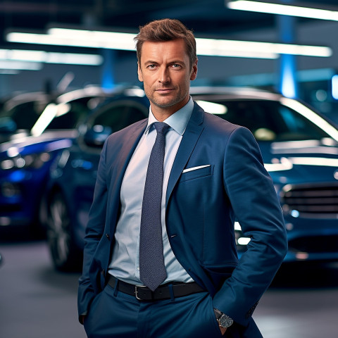 Confident handsome man automotive sales manager at work on blured background