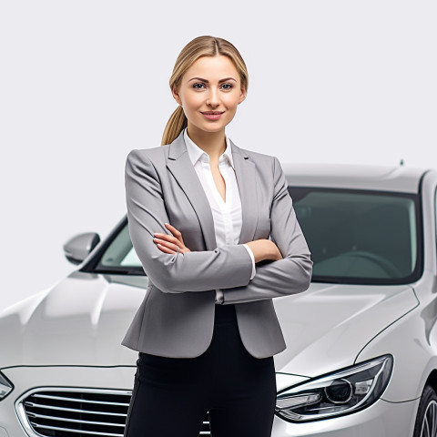 Confident beautiful woman automotive customer service representatives at work on isolated white background