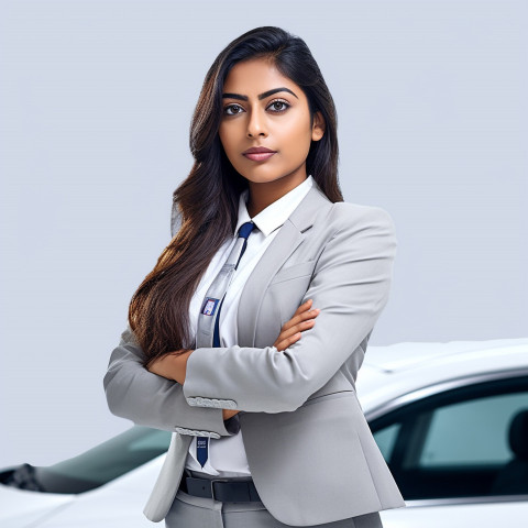 Confident beautiful indian woman automotive customer service representatives at work on isolated white background