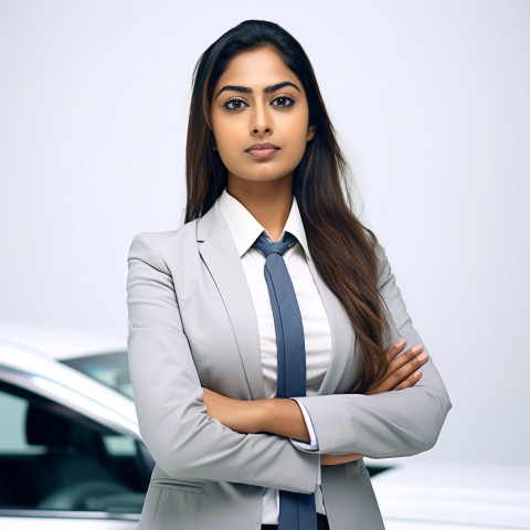 Confident beautiful indian woman automotive customer service representatives at work on isolated white background