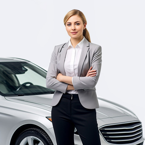 Confident beautiful woman automotive customer service representatives at work on isolated white background