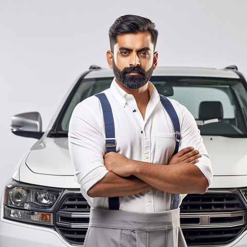 Confident handsome indian man automotive training instructor at work on isolated white background