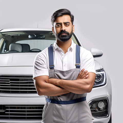 Confident handsome indian man automotive training instructor at work on isolated white background