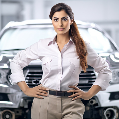 Confident beautiful indian woman automotive quality control inspector at work on blured background