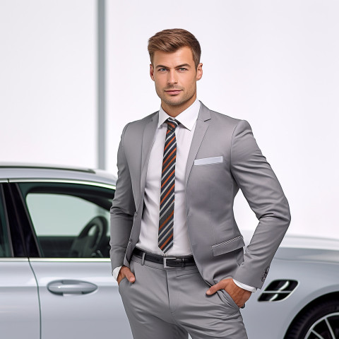 Confident handsome man automotive customer service representatives at work on white background