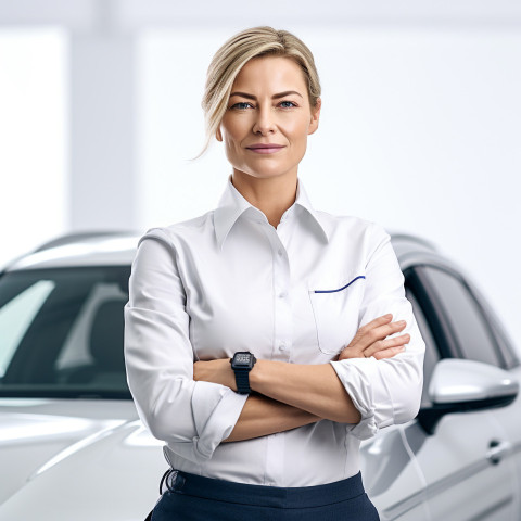 Confident beautiful woman automotive training instructor at work on isolated white background