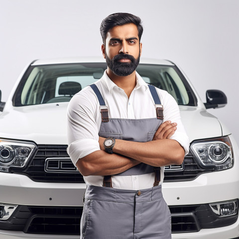 Confident handsome indian man automotive training instructor at work on isolated white background