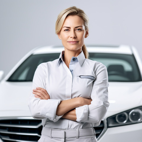 Confident beautiful woman automotive training instructor at work on isolated white background