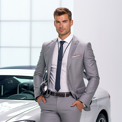 Confident handsome man automotive customer service representatives at work on white background