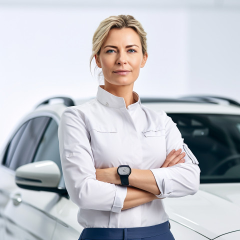 Confident beautiful woman automotive training instructor at work on isolated white background