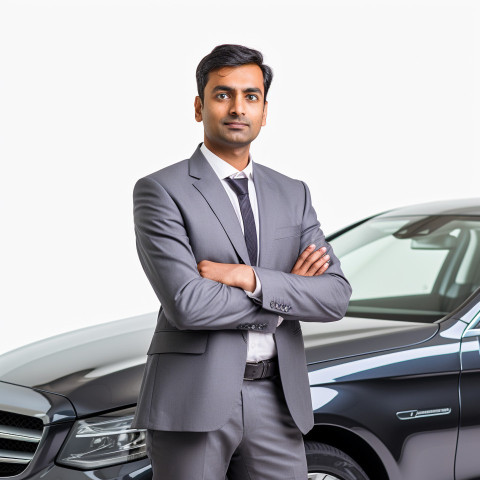 Confident handsome indian man automotive legal counsel at work on white background