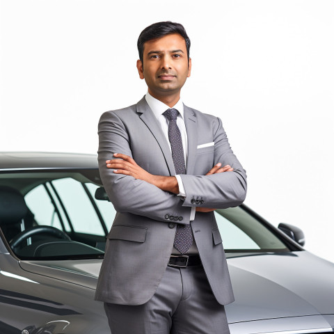 Confident handsome indian man automotive legal counsel at work on white background