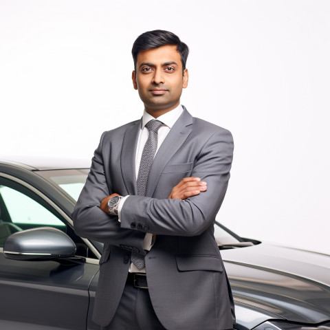 Confident handsome indian man automotive legal counsel at work on white background