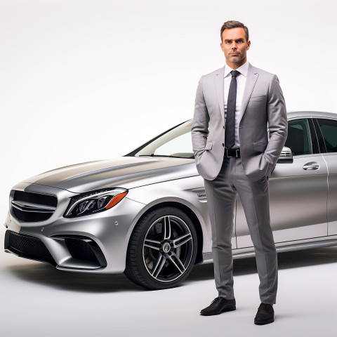 Confident handsome man automotive marketing manager at work on white background