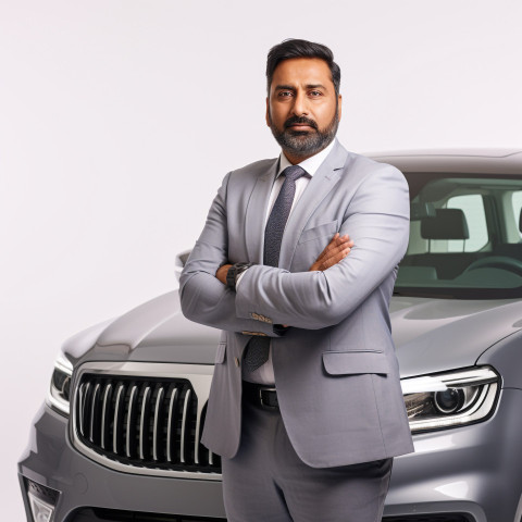 Confident handsome indian man automotive sales manager at work on white background