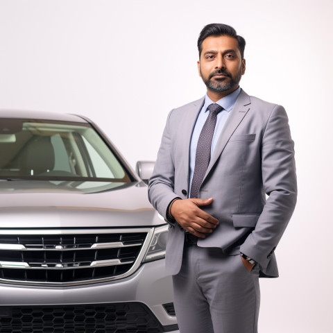 Confident handsome indian man automotive sales manager at work on white background