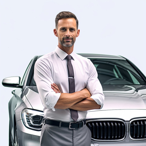 Confident handsome man automotive service manager at work on white background