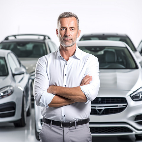 Confident handsome man automotive inventory manager at work on white background