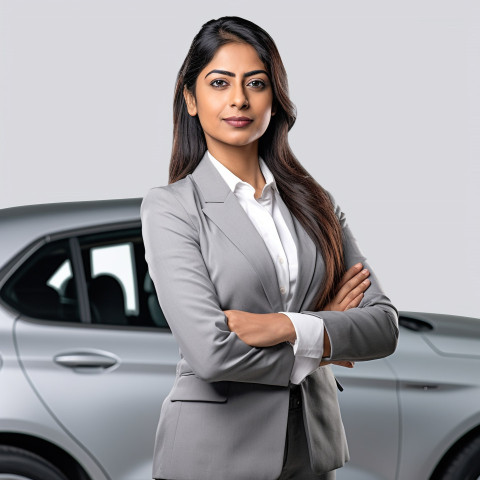 Confident beautiful indian woman automotive finance manager at work on white background