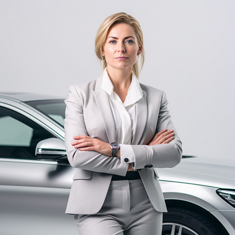 Confident beautiful woman automotive general manager at work on white background