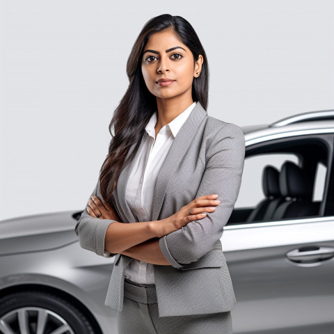 Confident beautiful indian woman automotive finance manager at work on white background