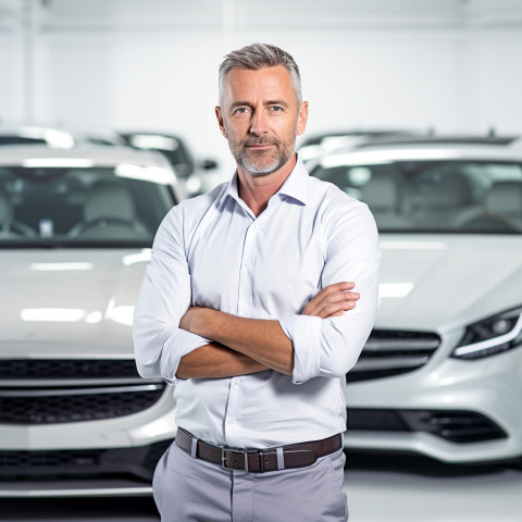 Confident handsome man automotive inventory manager at work on white background