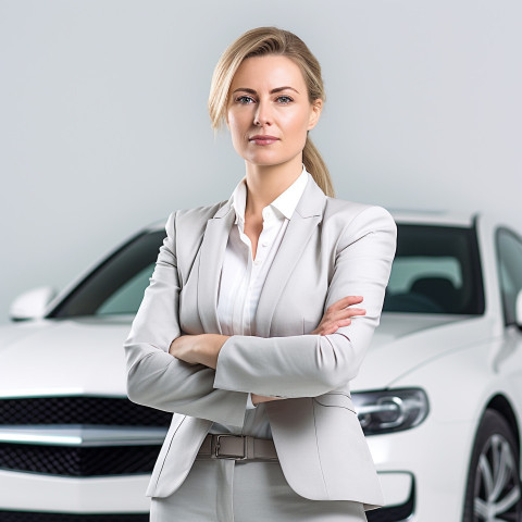 Confident beautiful woman automotive general manager at work on white background