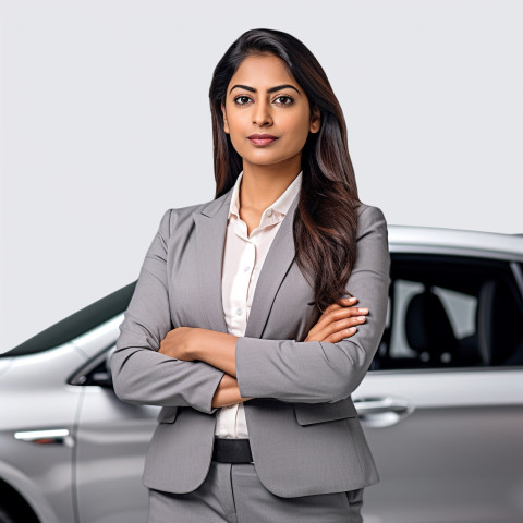 Confident beautiful indian woman automotive finance manager at work on white background