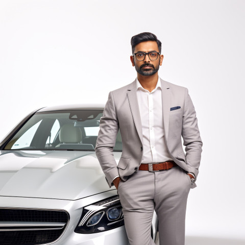 Confident handsome indian man automotive accountant at work on white background