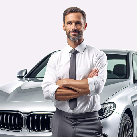 Confident handsome man automotive service manager at work on white background