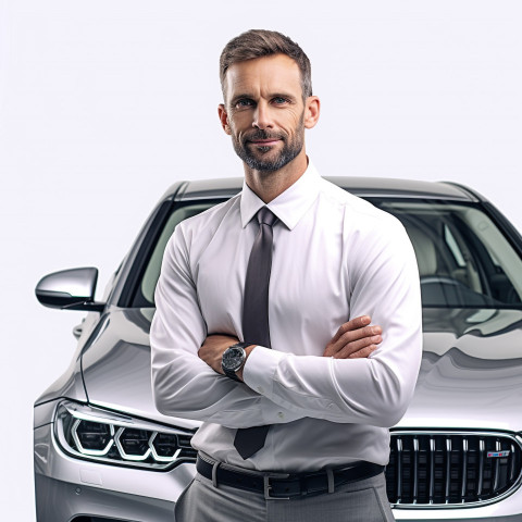 Confident handsome man automotive service manager at work on white background