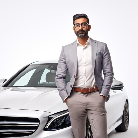 Confident handsome indian man automotive accountant at work on white background