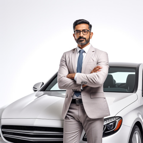 Confident handsome indian man automotive accountant at work on white background