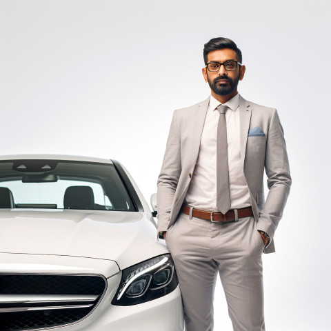 Confident handsome indian man automotive accountant at work on white background