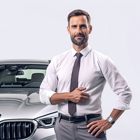 Confident handsome man automotive service manager at work on white background