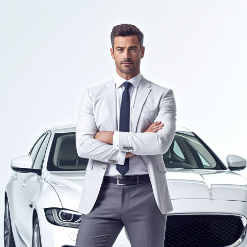 Confident handsome man automotive finance manager at work on white background