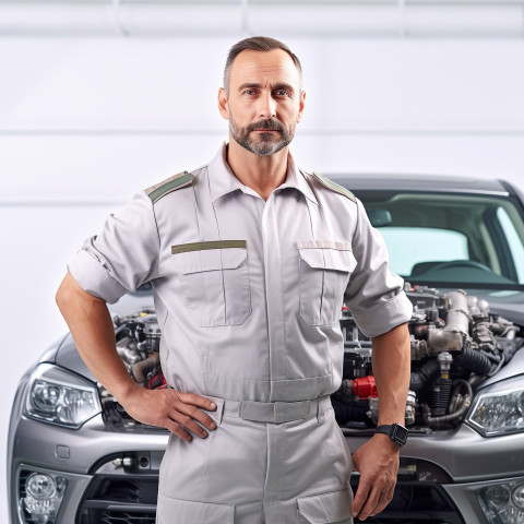 Confident handsome man automotive quality control inspector at work on white background