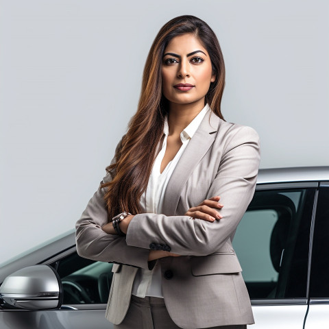 Confident beautiful indian woman automotive sales manager at work on white background