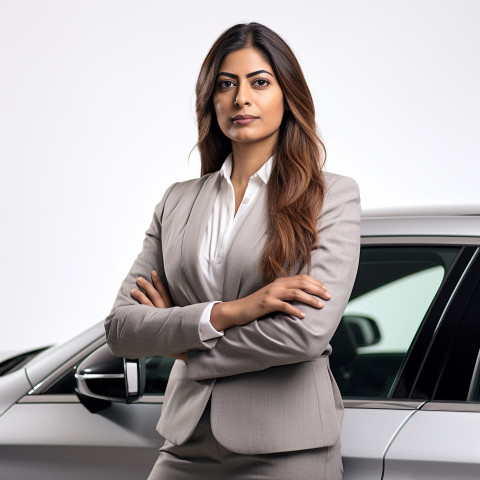 Confident beautiful indian woman automotive sales manager at work on white background