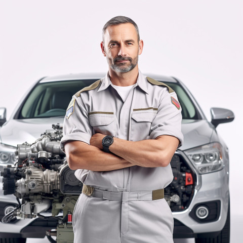 Confident handsome man automotive quality control inspector at work on white background