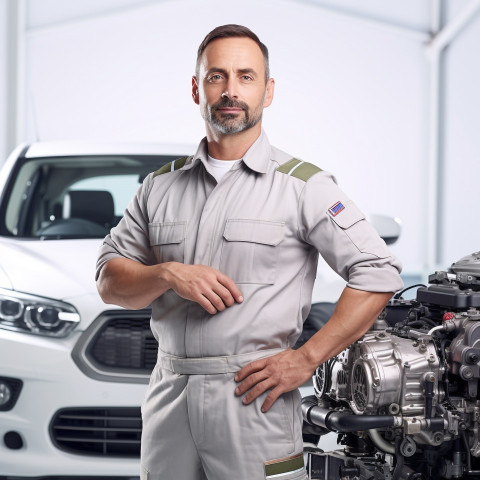 Confident handsome man automotive quality control inspector at work on white background