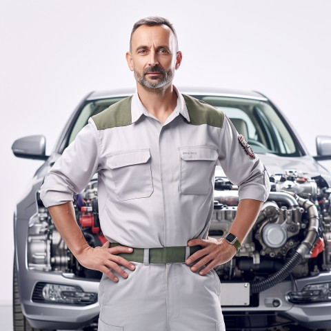 Confident handsome man automotive quality control inspector at work on white background