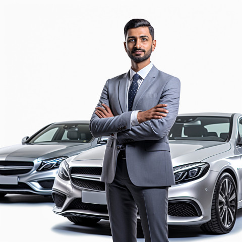 Confident handsome indian man automotive fleet manager at work on isolated white background